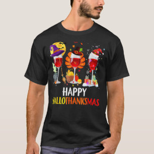 Happy Hallothanksmas Wine Glasses Witch Santa Hat  T-Shirt