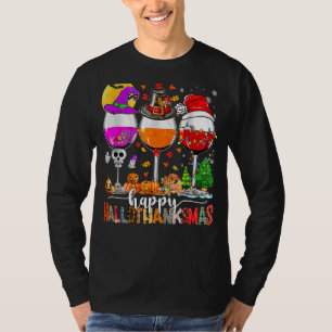 Happy Hallothanksmas Wine Glasses Witch Santa Hat T-Shirt