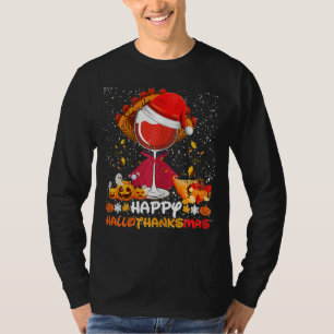 Happy Hallothanksmas Wine Glasses Witch Santa Hat T-Shirt