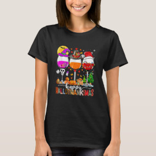 Happy Hallothanksmas Wine Glasses Witch Santa Hat T-Shirt