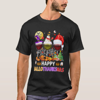 Happy Hallothanksmas Wine Glasses Witch Santa Hat T-Shirt