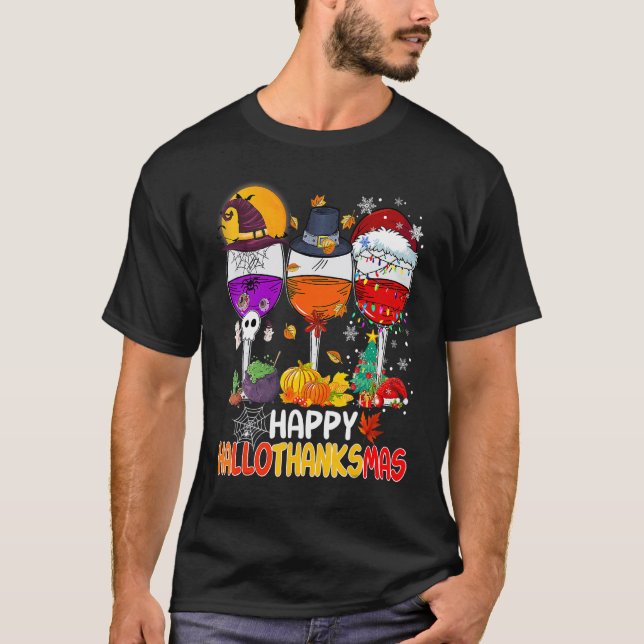 Happy Hallothanksmas Wine Glasses Witch Santa Hat  T-Shirt (Front)