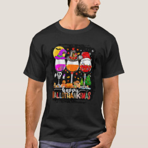 Happy Hallothanksmas Wine Glasses Witch Santa Hat  T-Shirt