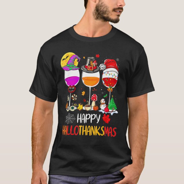 Happy Hallothanksmas Wine Glasses Witch Santa Hat  T-Shirt (Front)
