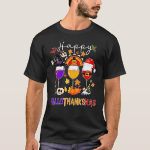 Happy Hallothanksmas Wine Glasses Witch Santa Hat T-Shirt