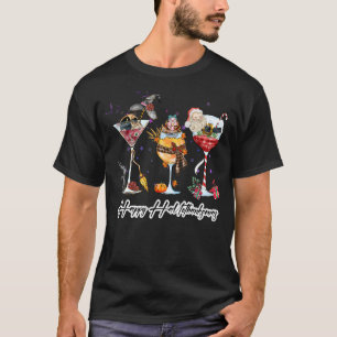 Happy Hallothanksmas Wine Glasses Witch Santa Hat T-Shirt