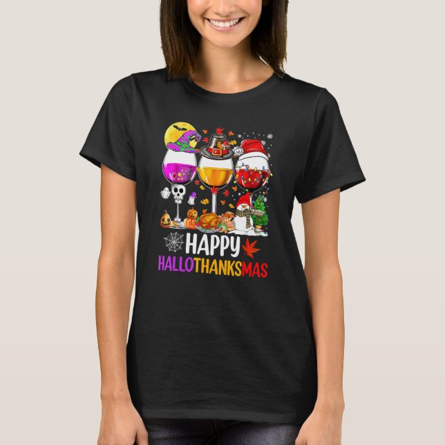 Happy Hallothanksmas Wine Glasses Witch Santa Hat  T-Shirt (Front)