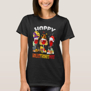 Happy Hallothanksmas Wine Glasses Witch Santa Hat  T-Shirt