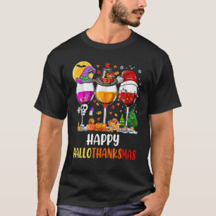 Happy Hallothanksmas Wine Glasses Witch Santa Hat T-Shirt