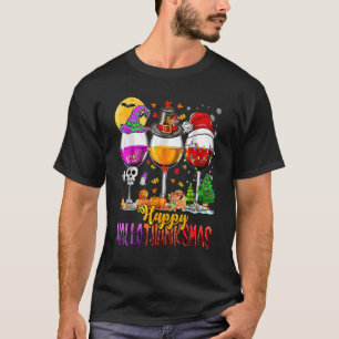 Happy Hallothanksmas Wine Glasses Witch Santa Pump T-Shirt