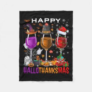 Happy Hallothanksmas Wine Halloween Thanksgiving C Fleece Blanket