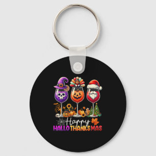 Happy Hallothanksmas Wine Halloween Thanksgiving C Key Ring