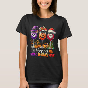Happy Hallothanksmas Wine Halloween Thanksgiving C T-Shirt
