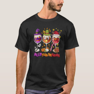 Happy Hallothanksmas Wine Halloween Thanksgiving C T-Shirt