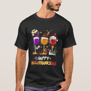 Happy Hallothanksmas Wine Halloween Thanksgiving C T-Shirt