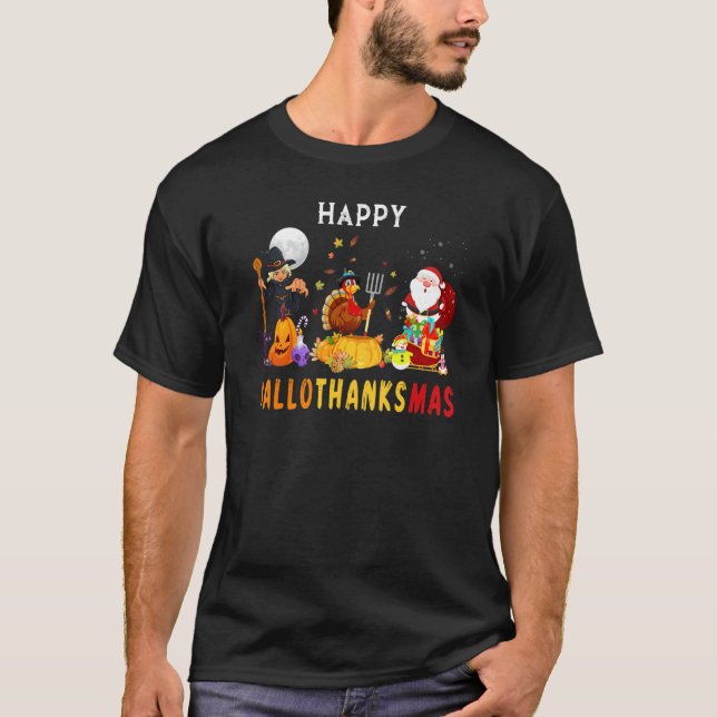 Happy HalloThanksMas Witch Turkey Santa Three Holi T-Shirt (Front)