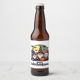 Happy Hallothanksmas Xmas Halloween Gnomes  Beer Bottle Label