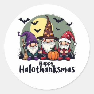 Happy Hallothanksmas Xmas Halloween Gnomes Classic Round Sticker