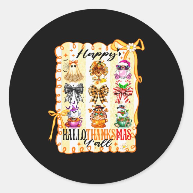 Happy Hallothanksmas Y’all Coquette Bow Halloween  Classic Round Sticker (Front)