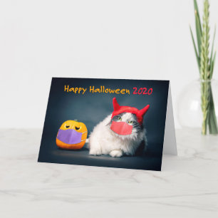 Happy Halloween 2020 Cat and Pumpkin in Face Masks Holiday Card