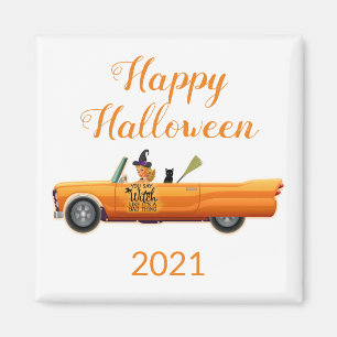 Happy Halloween 2021 Orange Car Witch Cat  Magnet