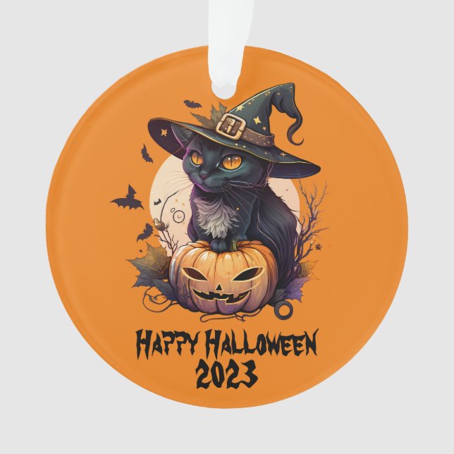 Happy Halloween 2023 Black Cat & Jack-o-Lantern Ornament (Front)
