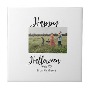 Happy Halloween add family name photo black simple Ceramic Tile