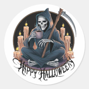 Happy Halloween and a skeleton (2) Classic Round Sticker