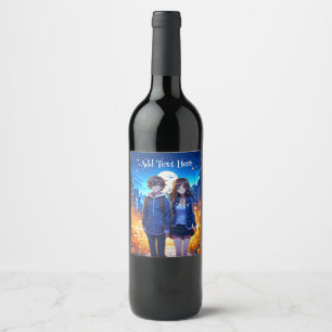 Happy Halloween   Anime Couple Holding Hands Wine Label