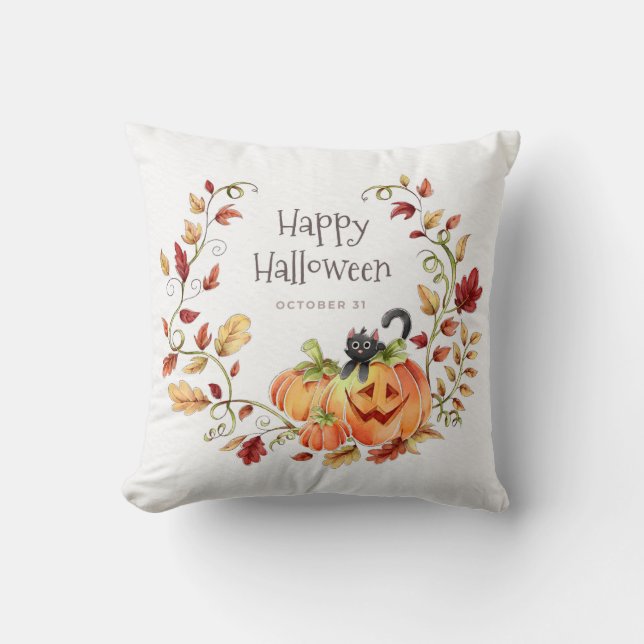 Happy Halloween Autumn Foliage Black Cat  Cushion (Front)