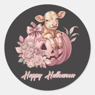 Happy Halloween Baby Calf in Pink Pumpkin Classic Round Sticker