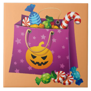 Happy Halloween bag full of candy Tile