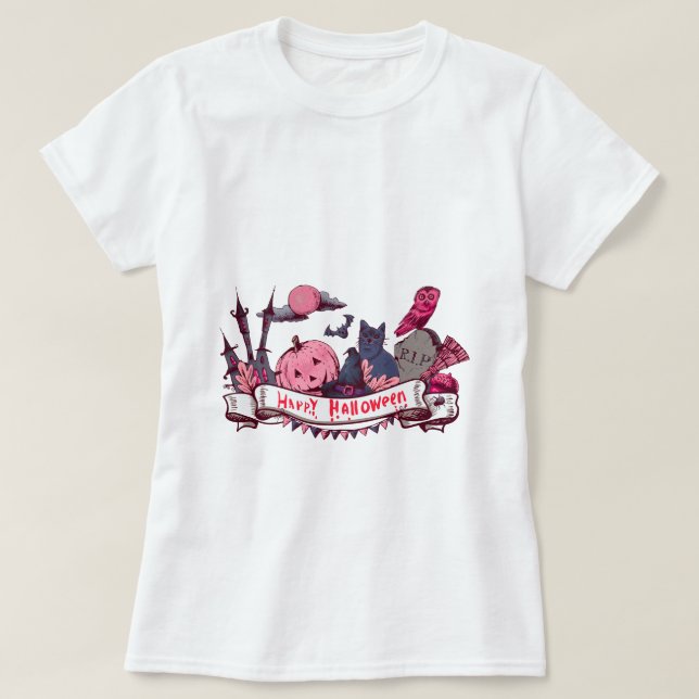 Happy Halloween Banner with Castle, Pumpkin, Black T-Shirt (Design Front)