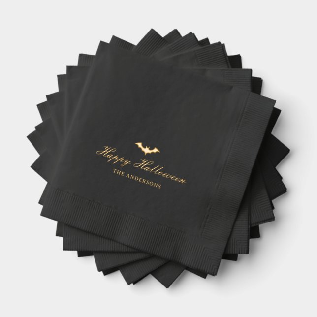 Happy Halloween Bat Calligraphy Black Gold Foil Napkins (Insitu (Stacked))