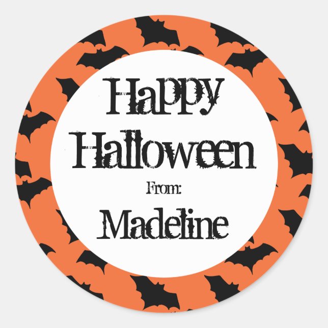 Happy Halloween Bat Pattern Kids Personalised Classic Round Sticker (Front)