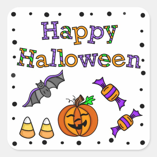 Happy Halloween Bat Pumpkin Candy Corn Square Sticker (Front)