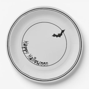 Happy Halloween Bat Silhouette Black/White Paper Plate