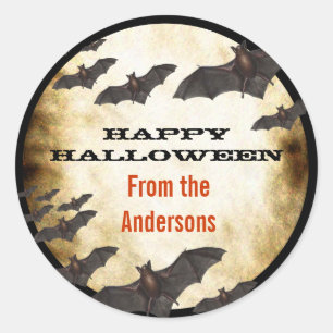 Happy Halloween Bats and Burnt Parchment Classic Round Sticker