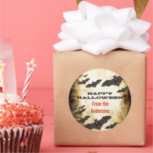 Happy Halloween Bats and Burnt Parchment Classic Round Sticker