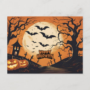 Happy Halloween Bats Flying over Cemetery  Holiday Postcard