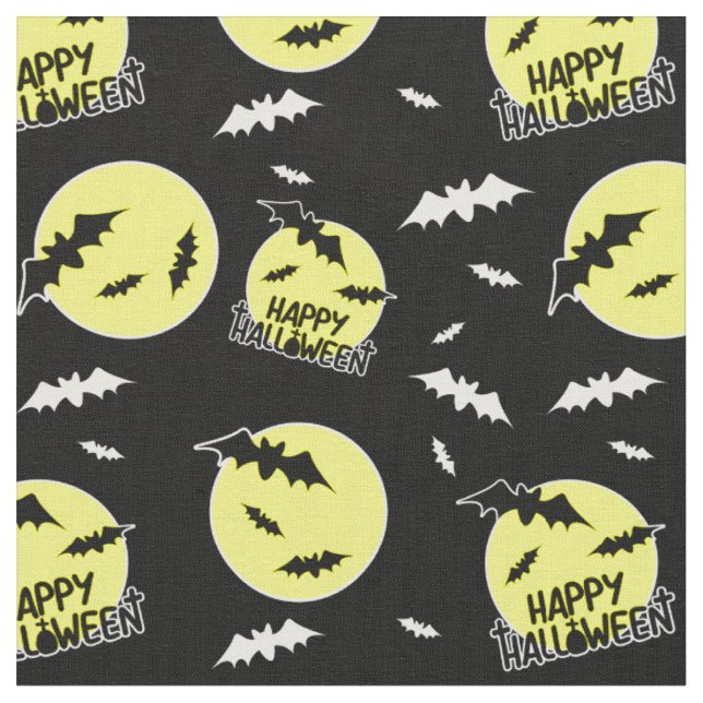 Happy Halloween Bats Full Moon Pattern Fabric (Close Up)