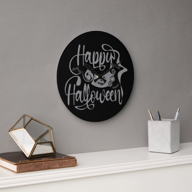 Happy Halloween bats  jack o lantern Large Clock (Office)