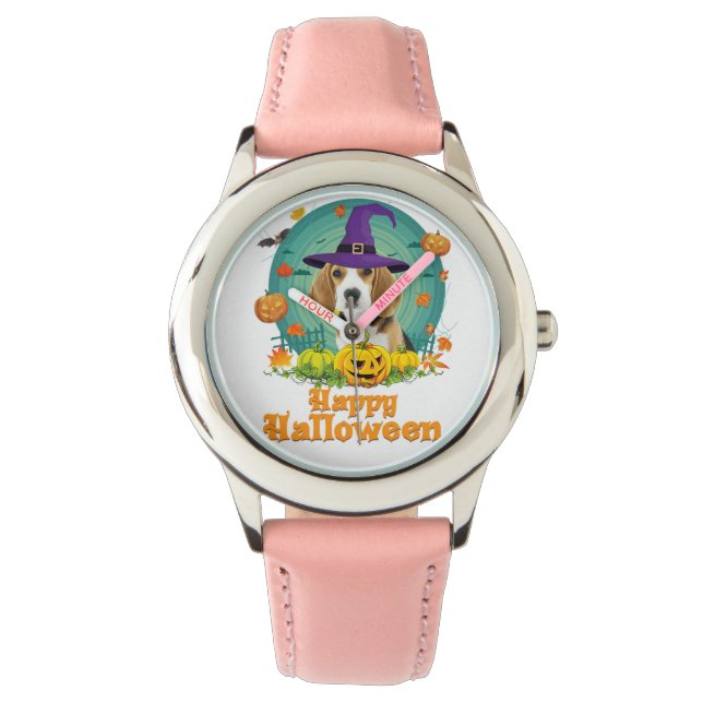Happy Halloween Beagle Dog Witch Pumpkin Ghost Cut Watch (Front)