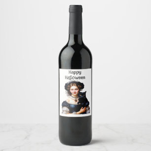 Happy Halloween Beautiful Witch And Her Black Cat Wine Label