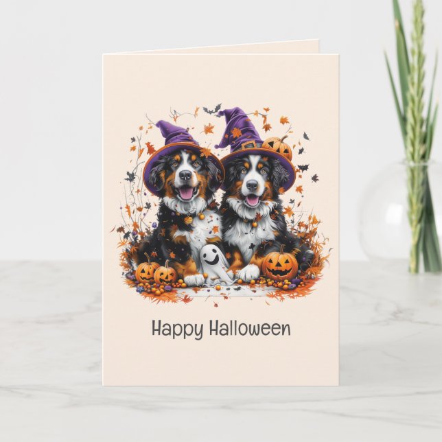 Happy Halloween Bernese Mountain Dogs Holiday Card (Front)