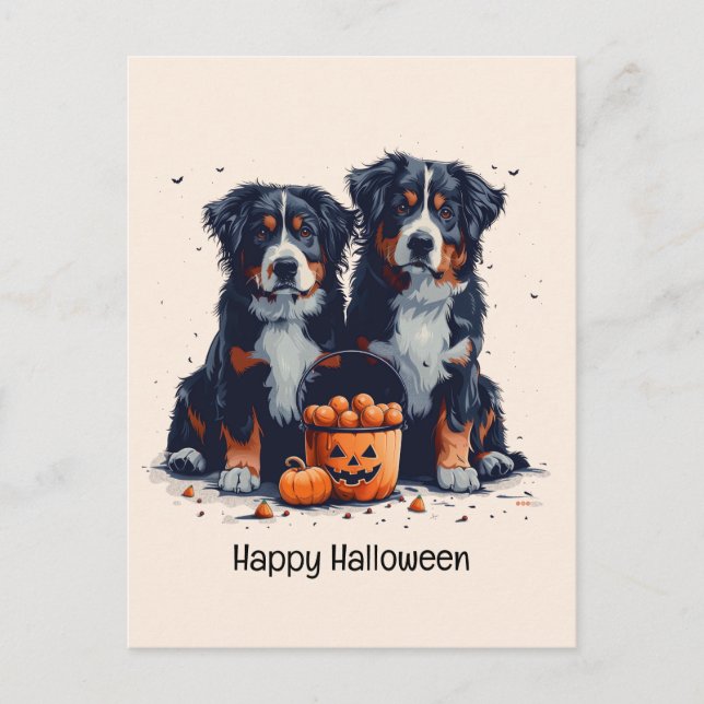 Happy Halloween Bernese Mountain Dogs Pumpkin Postcard (Front)