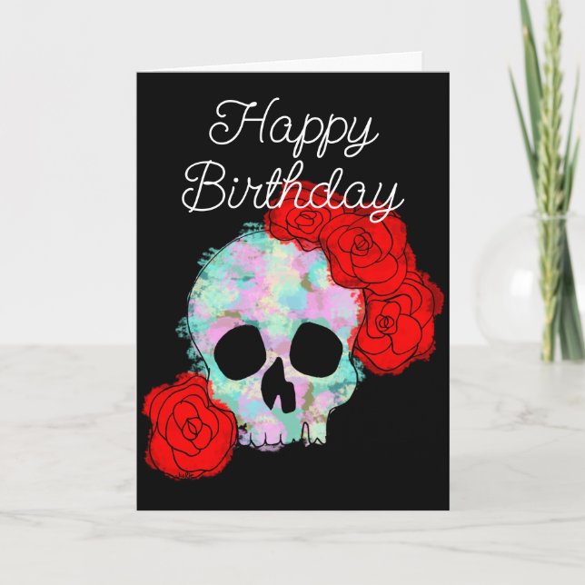 Happy Halloween Birthday Skull with Roses Card (Front)