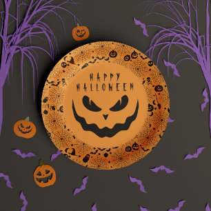 Happy Halloween Black and Orange Jack o Lantern Paper Plate