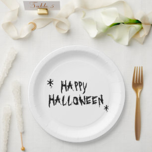 Happy Halloween black and white scary typography Paper Plate