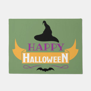 Happy Halloween Black Bat Witches Hat Doormat